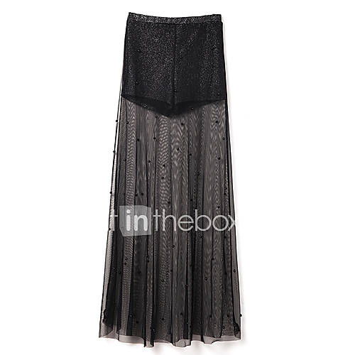 Womens PU Shorts Beads Mesh Maxi Skirts