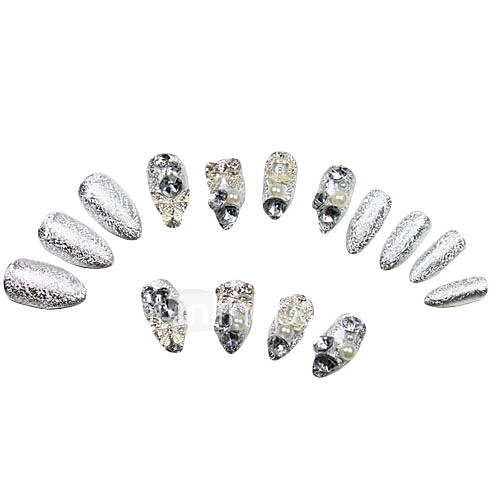 24 PCS Bowknot Crown Butterfly Rhinestone Studded Nail Tips Silver With Glue