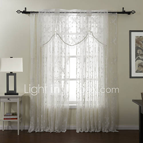 (One Pair Grommet Top) Graceful Embroidery Sheer With Valance Curtain Set