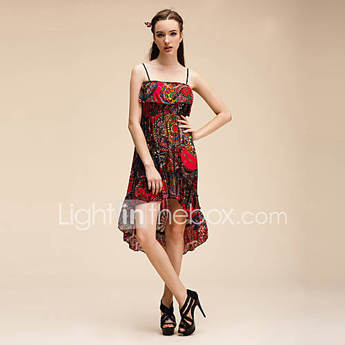 Womens Strap Ruffle Totem Print Slim Waist Fishtail Dresses