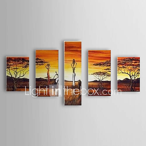 Hand Painted Oil Painting Landscape People and Trees with Stretched Frame Set of 5 1307 LS0358