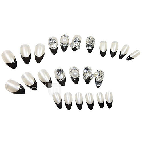 24 PCS Bowknot Rhinestone Studded French Nail Tips Black With Glue