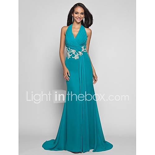 Sheath/Column Halter Sweep/Brush Train Chiffon Evening/Prom Dress