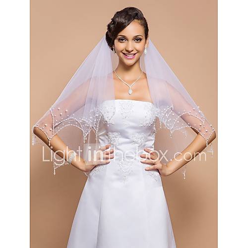 Two tier Fingertip Wedding Veil With Beaded Edge Pearls Sequins