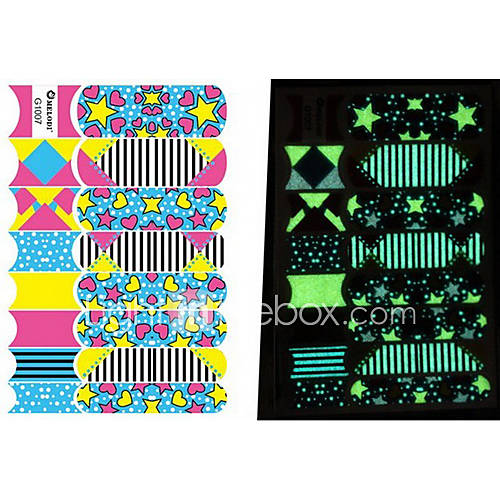 32PCS 3D Nail Art Stickers Noctilucent Series Stars Stripes Colorful Hearts