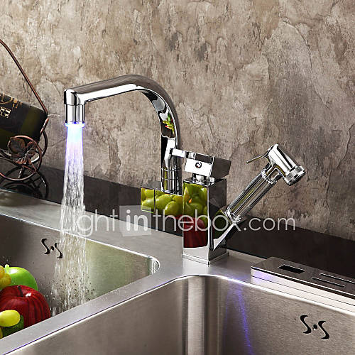 Contemporary Color Changing LED Pull Out Kitchen Faucet Chrome Finish