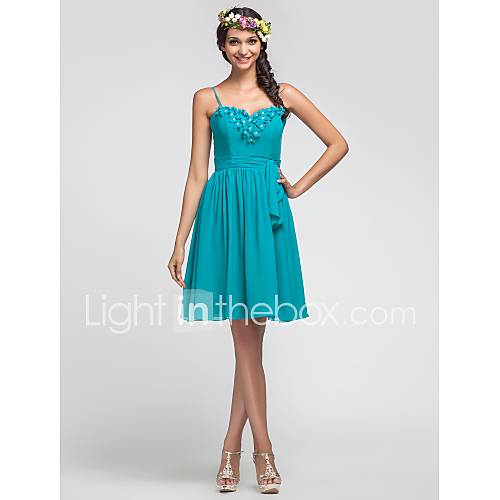 A line Princess Spaghetti Straps Knee length Chiffon Bridesmaid Dress