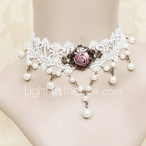 Handmade White Lace Fuchsia Rose Princess Lolita Necklace with Pearls