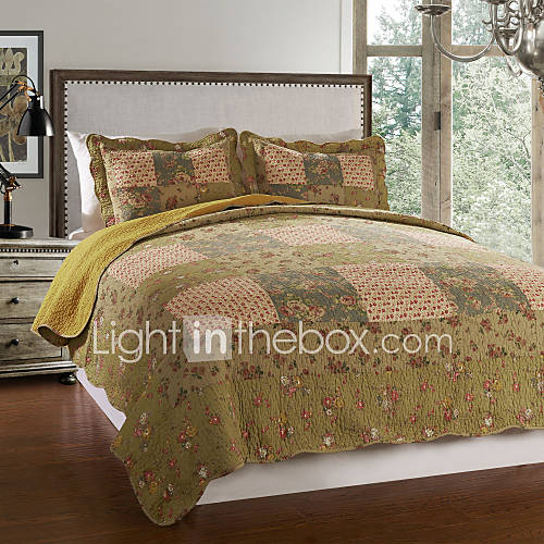 3 Piece 100% Cotton Khaki Printed Quilt Set