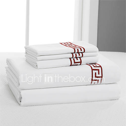 Red Fret Pattern Embroidery 400TC Cotton Flat Sheet