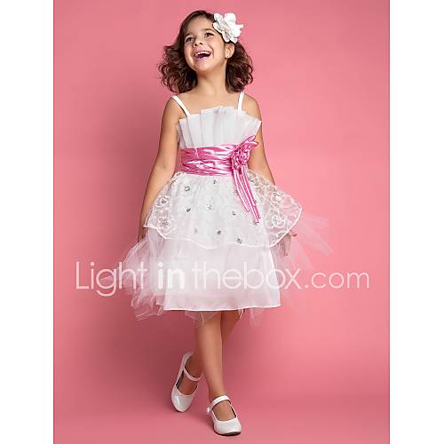 A line Spaghetti Straps Knee length Satin Tull Sleeveless Flower Girl Dress