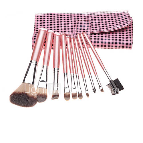 10PCS Pink Handle Cosmetic Brush Set With PinkBlack Check Leather Pouch