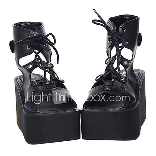 Handmade PU Leather 10cm Wedge Punk Lolita Ankle Sandals