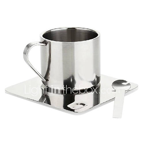 6 Oz Polished Stainless Steel Coffee Cup Set with Saucers
