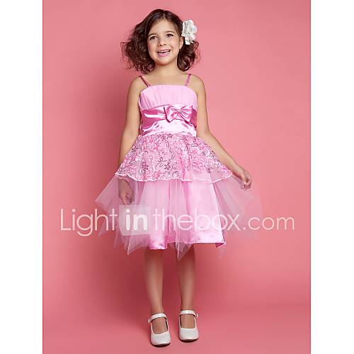 A line Spaghetti Straps Knee length Satin Bow Sleeveless Flower Girl Dress