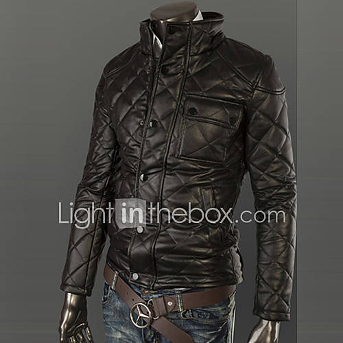 Mens stand collar velvet inside thick pu jacket