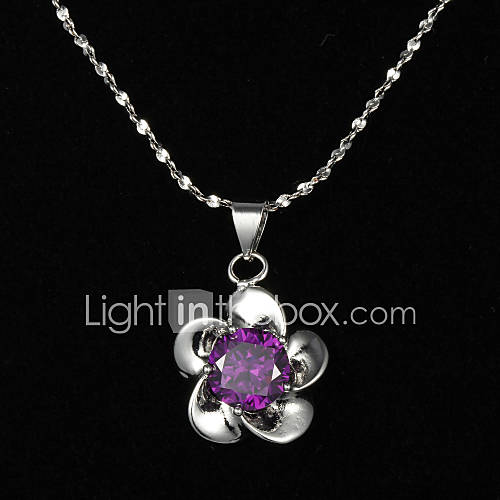 Delicate Sterling Silver With Purple Crystal Flower Shaped Pendant Womens Necklace