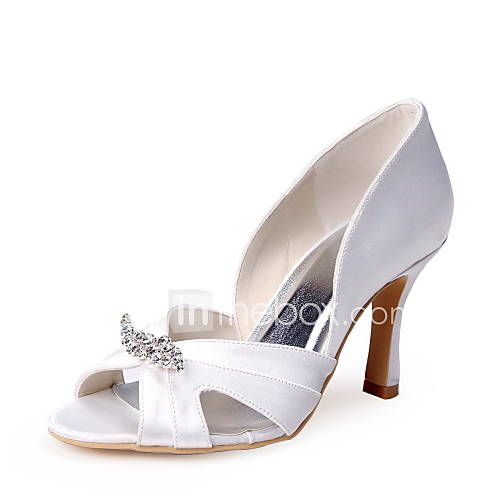 Tasteful Satin Peep Toe White Pumps with Rhinestone Wedding Shoes