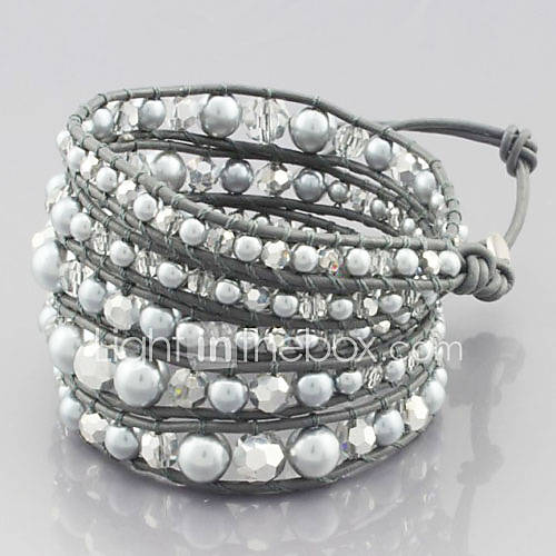 Fashionable Weaving PU Leather 5 Wrap Bracelet Gemstone European Bead