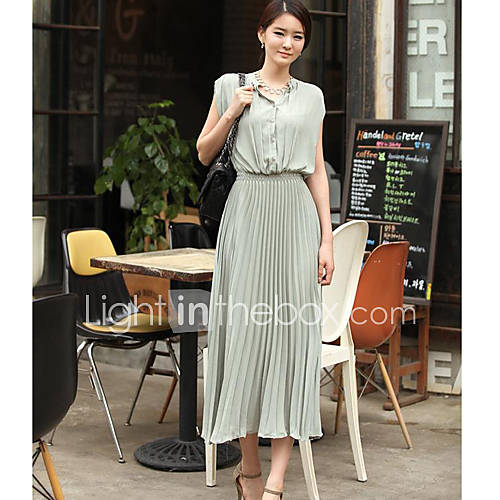 Womens Pan Collar Chiffon Solid Color Short Sleeve Maxi Dress(Without Belt)