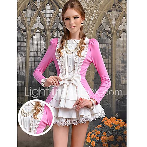 Pink Doll Contrast Color Pleats Long Sleeve T Shirt
