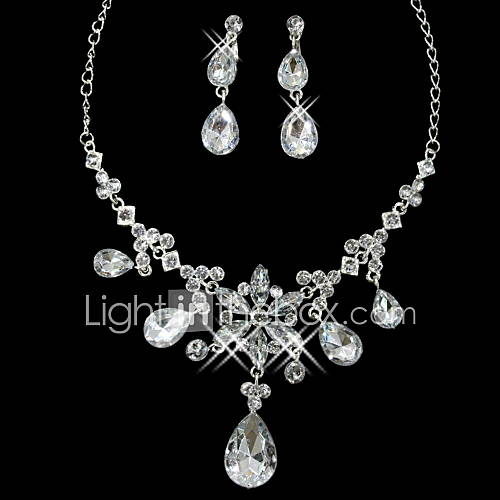 Pretty Alloy Silver Plated With Rhinestone Wedding Bridal Necklace Earrings Jewelry Set