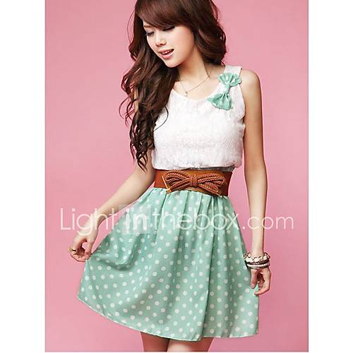 Womens Polka Dot Sweet Mini Dress (Belt Not Included)