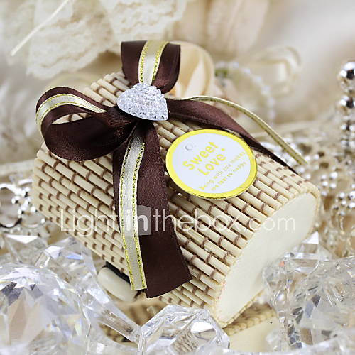 Rhinestone Heart Design Wooden Candy Box With Bowknot Ribbon Set Of 50