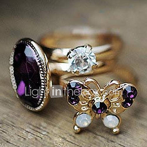 Mysterious Purple Butterfly Retro Flash Diamond Gem Three Piece Ring