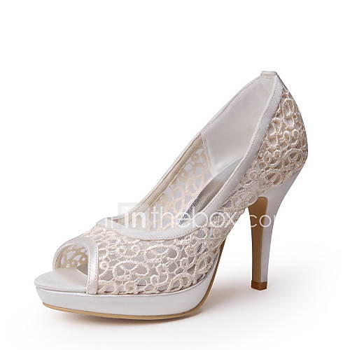 Tasteful Lace and Satin Ivory Peep Toe Platform High Heel Pumps with Lace Flower Wedding Shoes