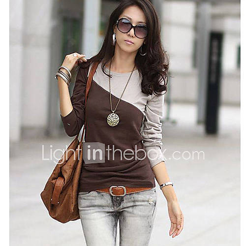 Womens Round Collar Contrast Color Long Sleeve T shirt