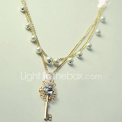 Elegant Alloy With RhinestonePearl Crown Key Pendant Womens Necklace