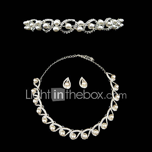 Fancy Drop Shaped Alloy Silver Plated With Pearl Wedding Jewelry Set Including Tiara Necklace And Earrings