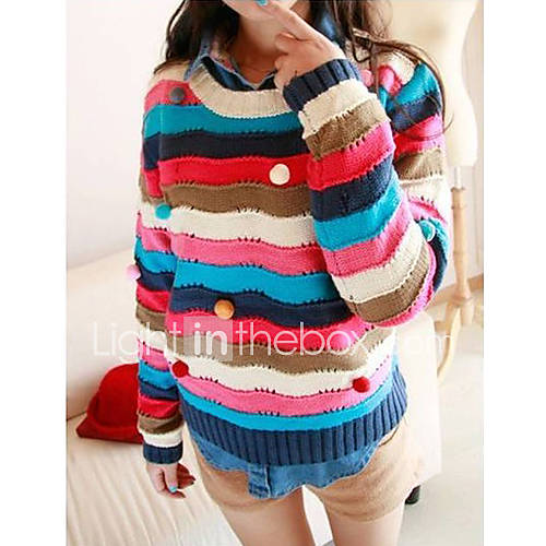 Womens Round Collar Colorful Cut Out Stripe Sweater