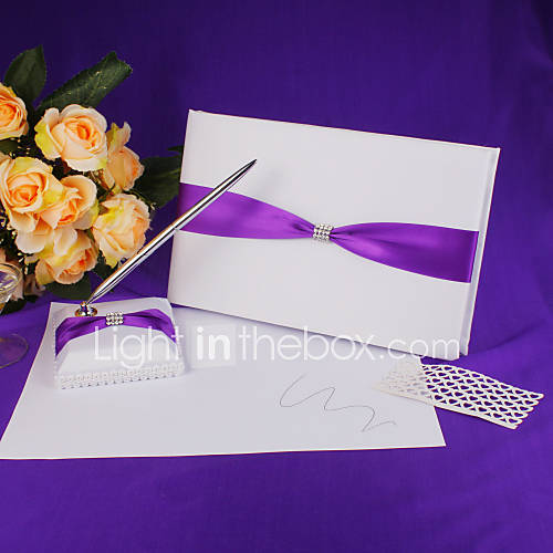 Wedding Guest Book And Pen Set In Satin With Blue Sash