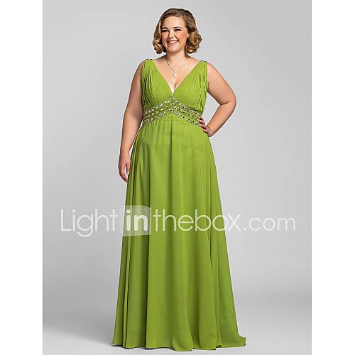Plus Size A line V neck Floor length Chiffon Evening/Prom Dress