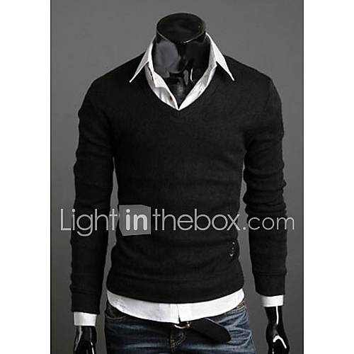 Langdeng Casual Vintage Cotton Slim Knitted V Neck Shirt(Black)