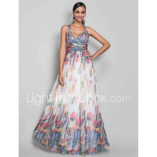 A line/Princess Straps Floor length Print Chiffon Evening Dress