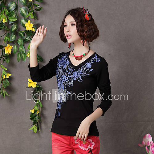 TS Ethnic Chinese Style Floral Embroidery Simplicity T Shirt Tops