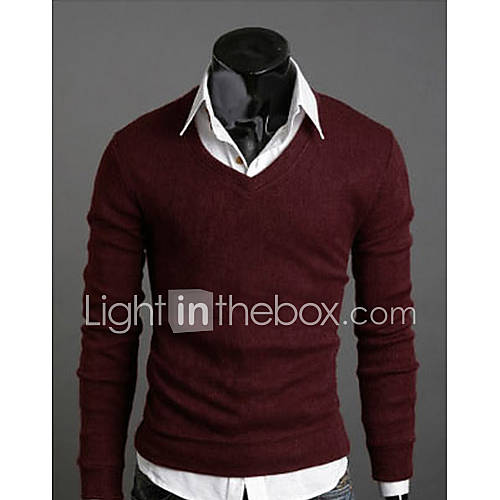 Langdeng Casual Vintage Cotton Slim Knitted V Neck Shirt(Wine)