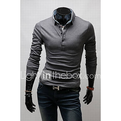 Langdeng Casual Harem Slim Long Sleeve Polo Shirt(Gray)