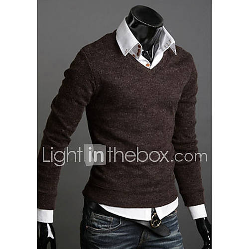 Langdeng Casual Vintage Cotton Slim Knitted V Neck Shirt(Coffee)