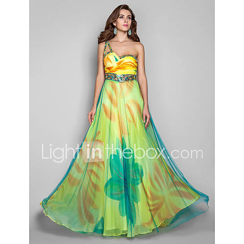 A line/Princess One Shoulder Floor length Print Chiffon And Tulle Evening Dress