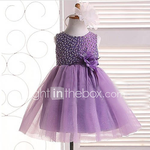 A line Jewel Knee length Satin And Tulle Flower Girl Dress With Flower And Beading(More Colors)