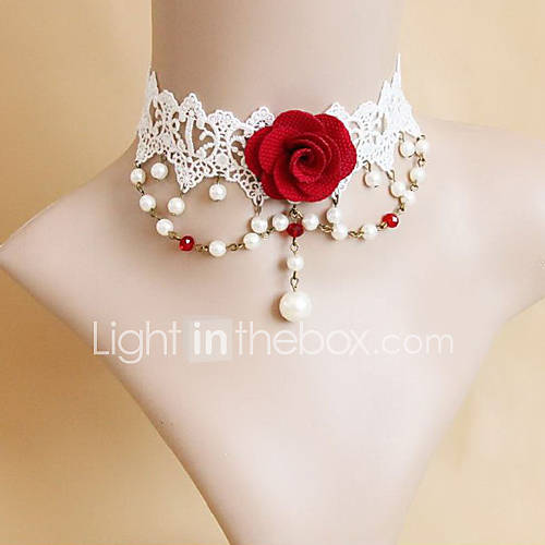 Noble Pearls Red Rose White Lace Classic Lolita Necklace