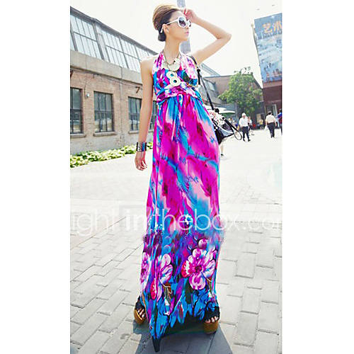 Womens Halter High Waist Print Maxi Dress