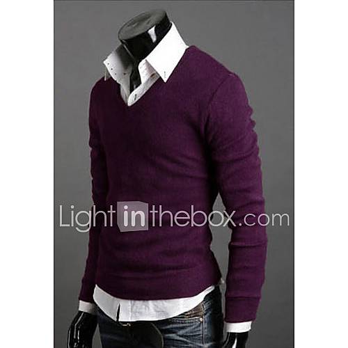 Langdeng Casual Vintage Cotton Slim Knitted V Neck Shirt(Purple)