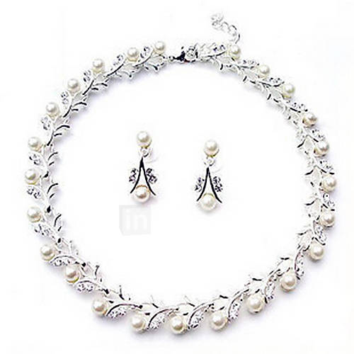 Gorgeous Alloy Silver Plated With Rhinestone Pearl Wedding Bridal Necklace Earrings Jewelry Set