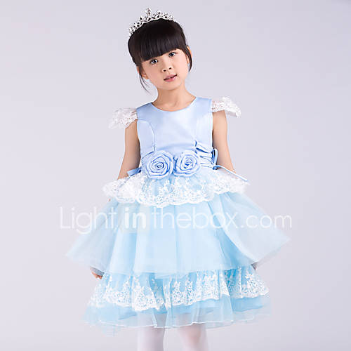 A line Jewel Knee length Satin and Tulle Flower Girl Dress With Flower