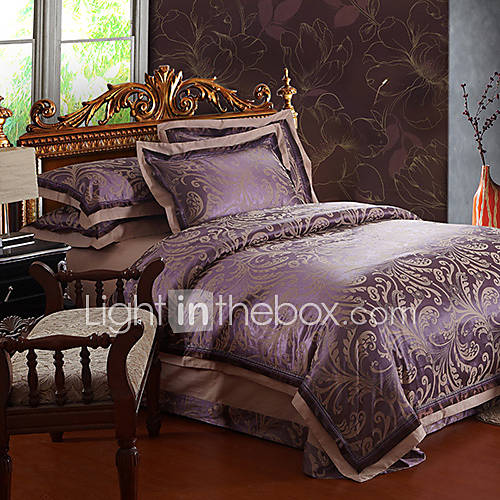 4 Piece 350TC Purple Jacquard Floral Duvet Cover Set